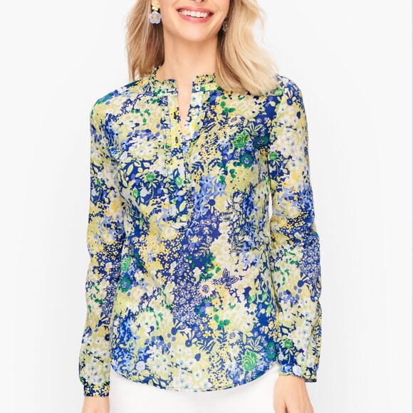 Talbots Cotton Feminine Popover Blouse Butterfly Garden Artsy Floral Blouse Sz L - Picture 4 of 6